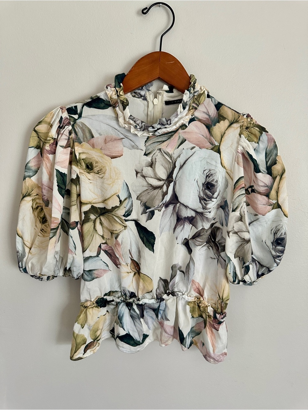 Tahari Floral Puff-Sleeve Peplum Blouse - White, Pink, Green